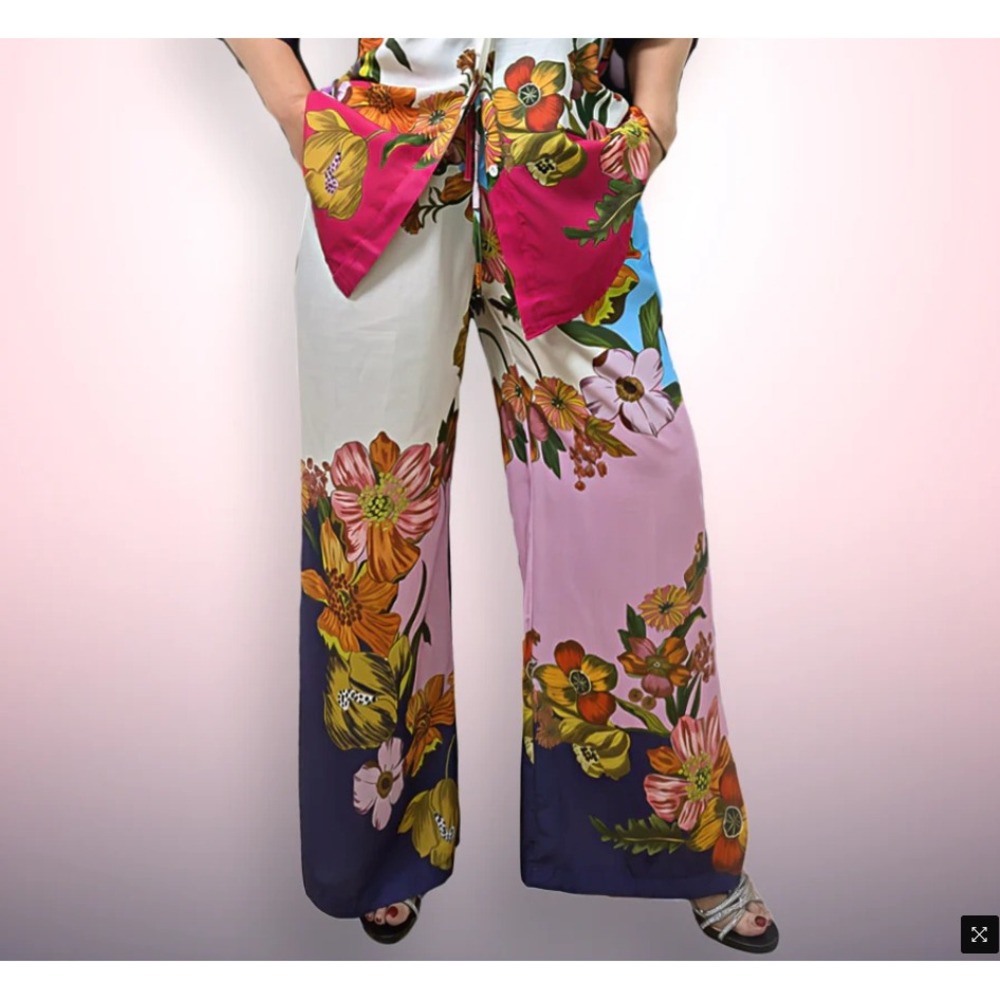 N by Nancy Floral Wide Leg Pants Womens Size S Blue Multi Boho Resort Cruise NWT